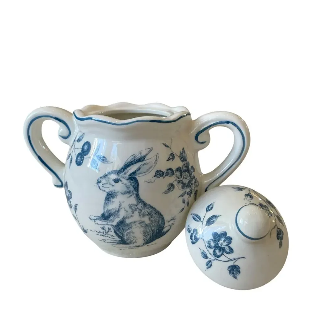 Maxcera Blue Bunny Rabbit Toile Creamer & Sugar Bowl With Lid Easter Ceramic New